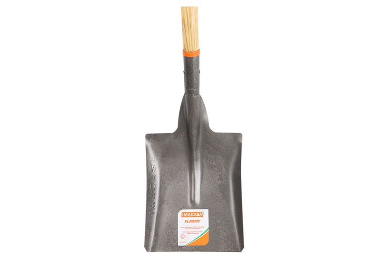 Pala cuadrada clásica Imacasa mango corto, vista frontal de la hoja metálica con etiqueta naranja y mango de madera