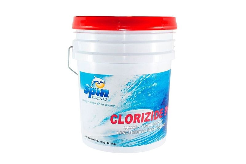 Cloro granulado para piscina Clorizide Spin de 4.5 kg, envase plástico blanco con tapa roja y etiqueta azul