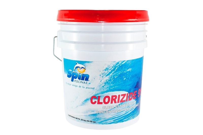 Cloro granulado para piscina Clorizide Spin de 4.5 kg, balde plástico blanco con tapa roja y etiqueta azul