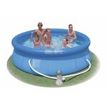 Piscina inflable redonda con bomba filtro Intex de 10 pies x 30 pulgadas azul, con familia nadando en su interior