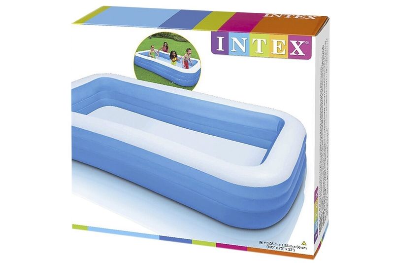 Piscina inflable Family Intex de 120" x 22" blanco celeste rectángulo, en su caja con ilustración del producto