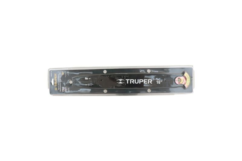 Barra para motosierra Truper de 16 pulgadas, vista frontal del producto dentro de su empaque plástico transparente