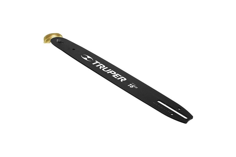 Barra para motosierra Truper de 16 pulgadas, vista lateral completa en color negro con logotipo blanco y punta dorada