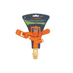 Cabeza para aspersor Truper metal 3/4 pulgadas, producto color naranja en su empaque con soporte de cartón gris