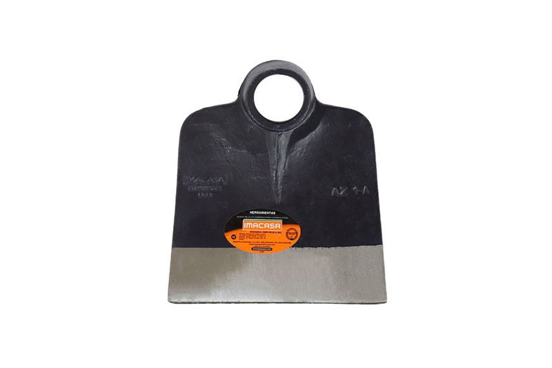 Azadón jardinero sin mango Imacasa de 1.5 lbs barnizado, vista frontal del cabezal con etiqueta naranja informativa