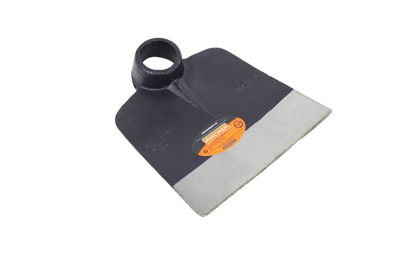 Azadón jardinero sin mango Imacasa de 1.5 lbs barnizado, vista superior de la hoja con etiqueta naranja y acero pulido