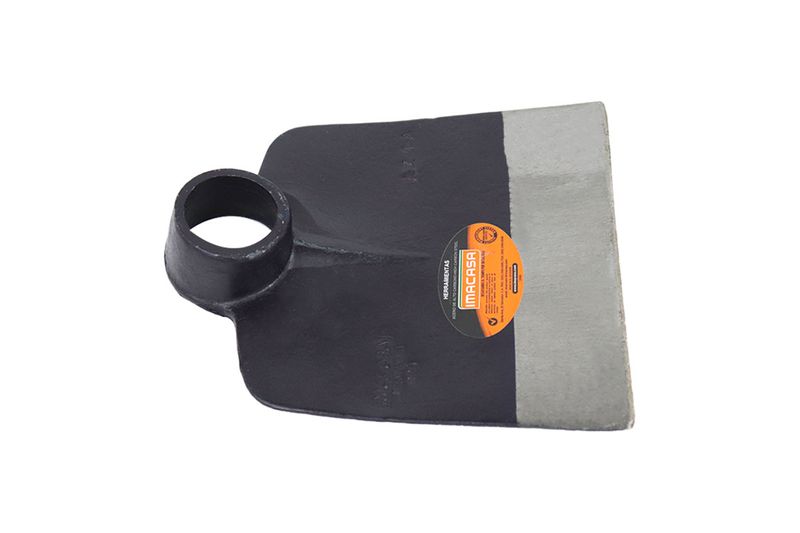 Azadón jardinero sin mango Imacasa de 1.5 lbs barnizado, vista frontal de la hoja con etiqueta circular naranja