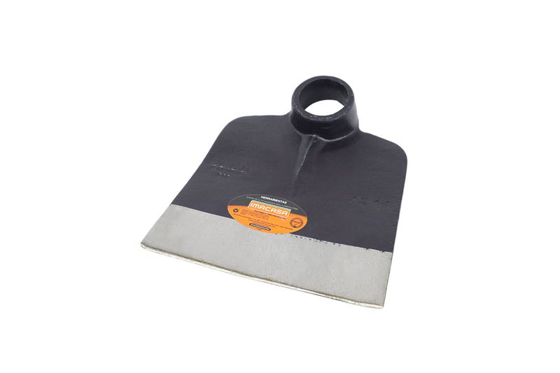 Azadón jardinero sin mango Imacasa de 1.5 lbs barnizado, vista frontal de la hoja metálica con etiqueta naranja