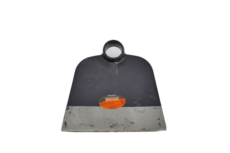 Azadón jardinero sin mango Imacasa de 2.5 lbs barnizado, vista frontal de la hoja metálica con etiqueta naranja