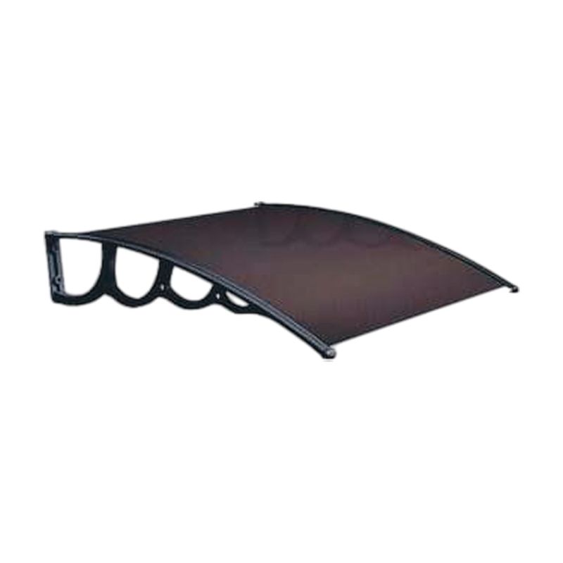 Alero café Hoggan de 125 cm x 80 cm de policarbonato, vista en perspectiva con soportes curvos negros