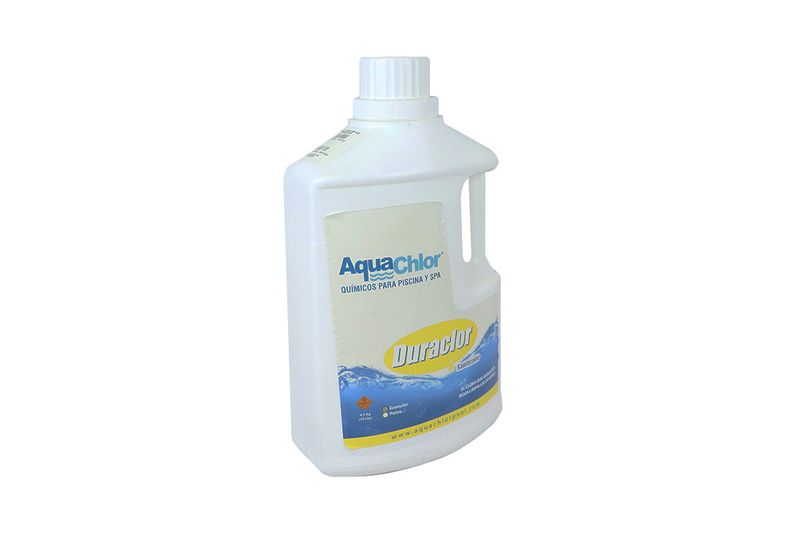 Duraclor 90% granular 10 lbs AquaChlor, envase plástico blanco con etiqueta amarilla y azul visto desde un ángulo lateral