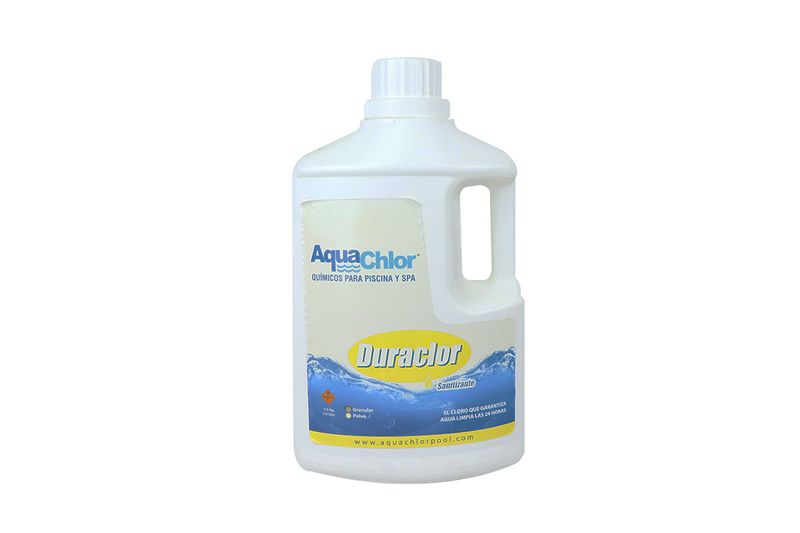 Duraclor 90% granular 10 lbs AquaChlor, envase plástico blanco con asa y etiqueta informativa