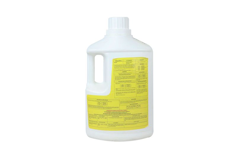 Duraclor 90% granular 10 lbs AquaChlor, vista posterior del envase plástico blanco con etiqueta de instrucciones amarilla