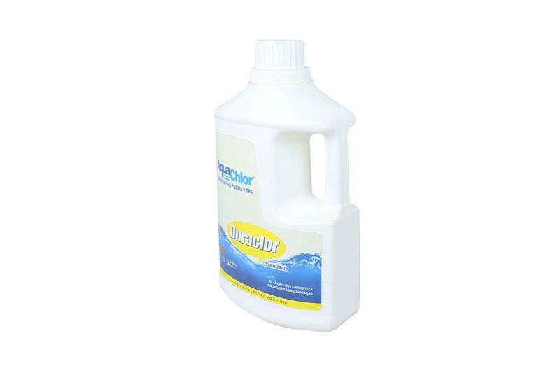 Duraclor 90% granular 10 lbs AquaChlor, envase plástico blanco con etiqueta amarilla y azul visto de frente