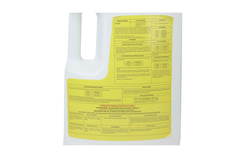 Duraclor 90% granular 10 lbs AquaChlor, vista posterior del envase con instrucciones de aplicación y tabla de equivalencias