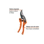 Tijera para podar de paso Truper de 8 pulgadas curva acero/nylon, gráfico con etiquetas sobre la cabeza y el mango naranja