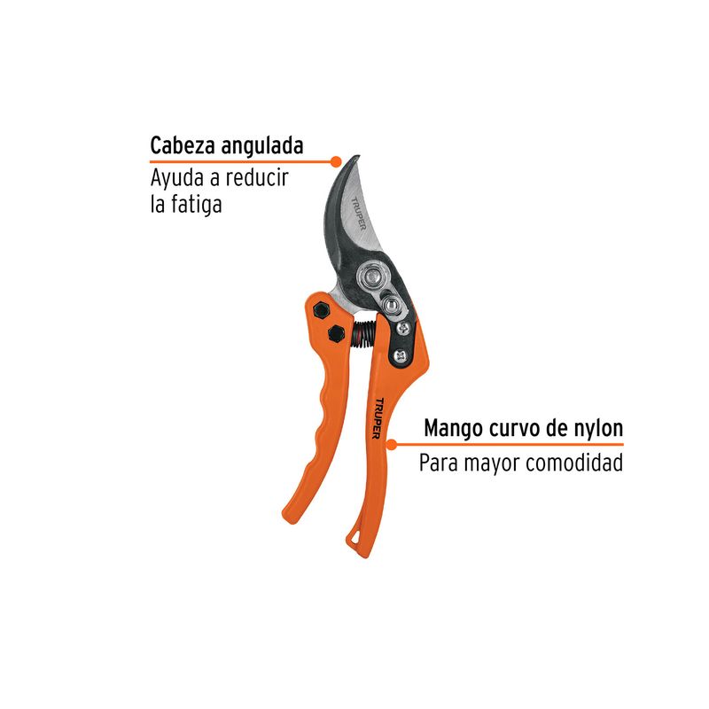 Tijera para podar de paso Truper de 8 pulgadas curva acero/nylon, gráfico con etiquetas sobre la cabeza y el mango naranja