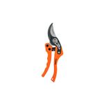 Tijera para podar de paso Truper de 8 pulgadas curva acero/nylon, vista lateral con mangos color naranja y hoja metálica