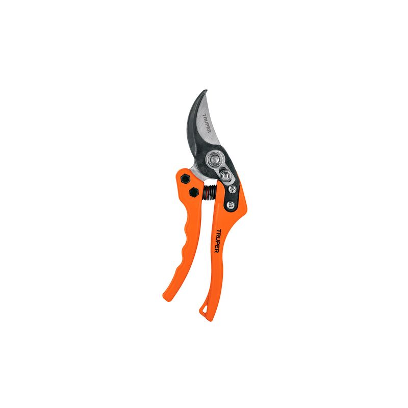 Tijera para podar de paso Truper de 8 pulgadas curva acero/nylon, vista lateral con mangos color naranja y hoja metálica