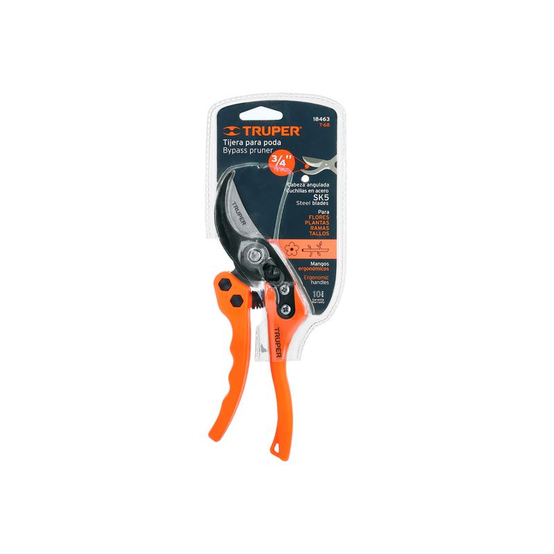 Tijera para podar de paso Truper de 8 pulgadas curva acero/nylon, vista frontal del producto en su empaque blanco