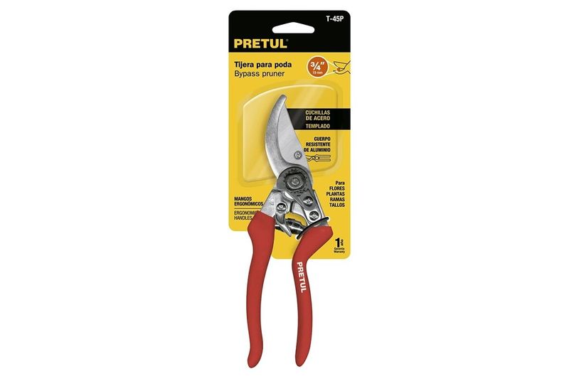 Tijera para podar de paso Pretul de 8-1/2 pulgadas 1 mano acero, vista frontal en empaque amarillo con mangos rojos