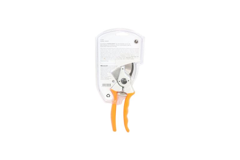 Tijera para podar de paso Truper de 8 pulgadas profesional aluminio, vista posterior del empaque con instrucciones y producto