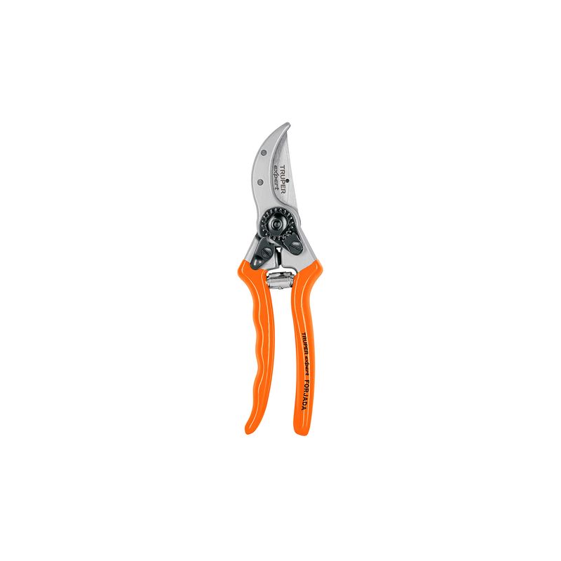 Tijera para podar de paso Truper de 8 pulgadas profesional aluminio, vista frontal con mangos color naranja