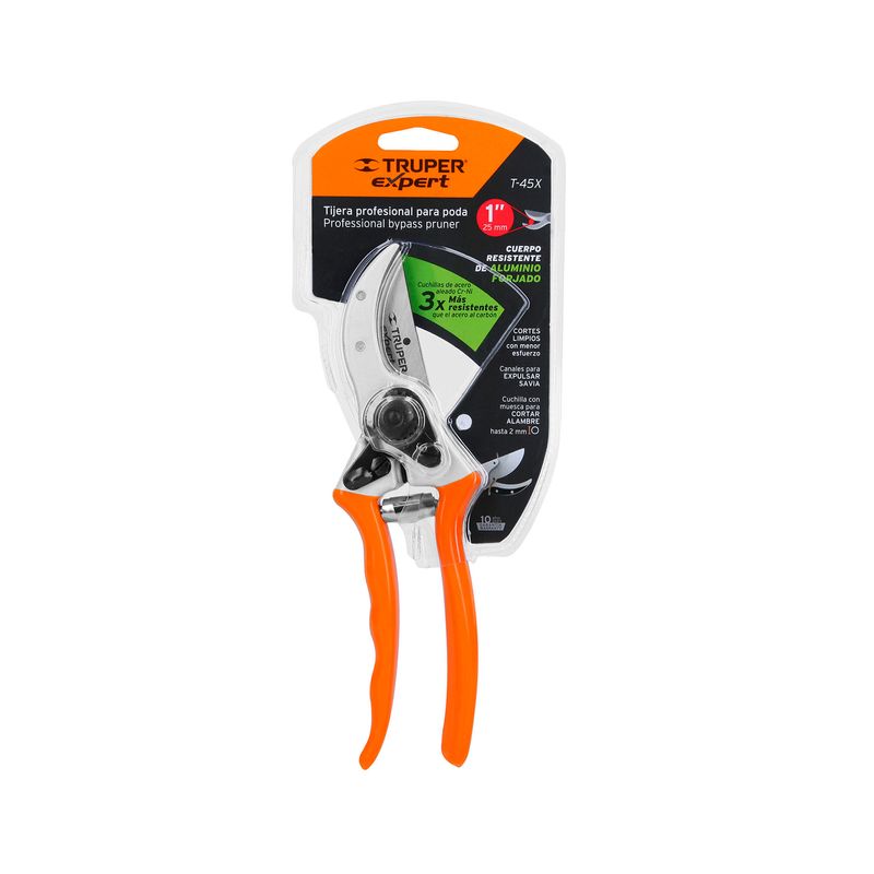 Tijera para podar de paso Truper de 8 pulgadas profesional aluminio, presentada en su empaque blanco y naranja