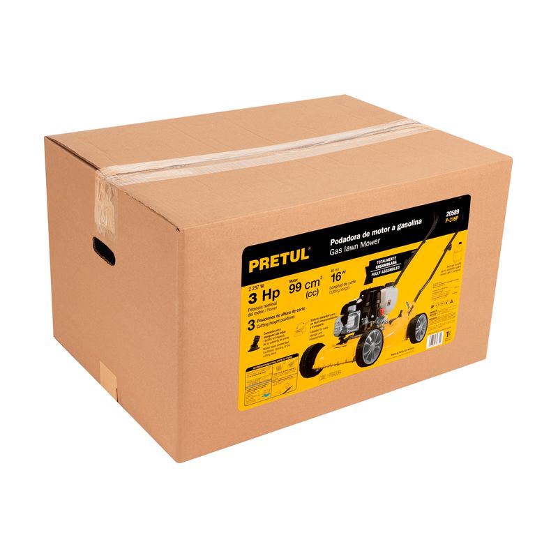 Cortagrama a gas 16 pulgadas 99 cc 3 hp Pretul, caja de cartón con ilustración y especificaciones técnicas del equipo