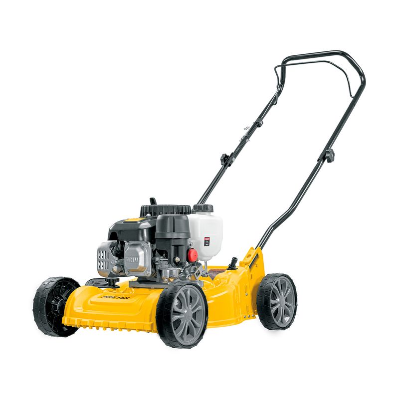 Cortagrama a gas 16 pulgadas 99 CC 3 HP Pretul, vista lateral completa del equipo en color amarillo y negro