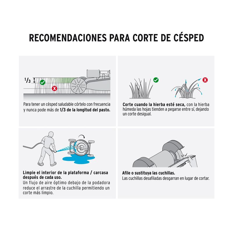 Cortagrama a gas 16 pulgadas 99 cc 3 HP Pretul, gráfico con recomendaciones de corte, limpieza y afilado de cuchillas