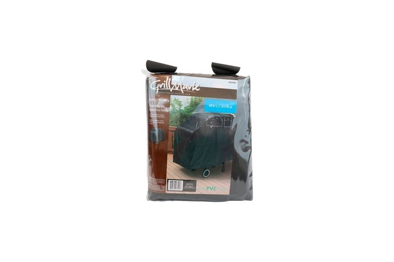 Funda para barbacoa Grill Mark de 68 x 21 x 40 pulgadas, en su empaque plástico con ilustración del producto instalado