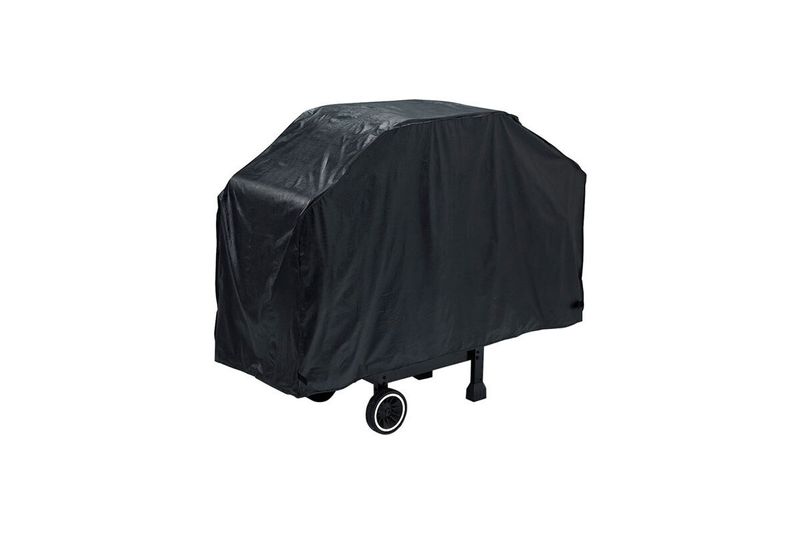 Funda para barbacoa Grill Mark de 68 x 21 x 40 pulgadas, color negro colocada sobre una parrilla con ruedas