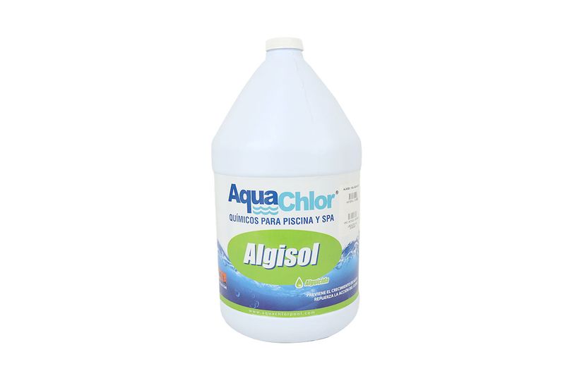Alguicida para piscina Algisol AquaChlor de 1 galón, envase plástico blanco con etiqueta azul y verde