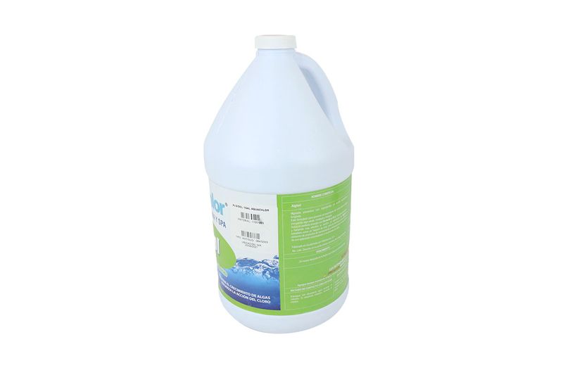 Alguicida para piscina Alguisol AquaChlor de 1 galón, vista lateral de la etiqueta con instrucciones y código de barras