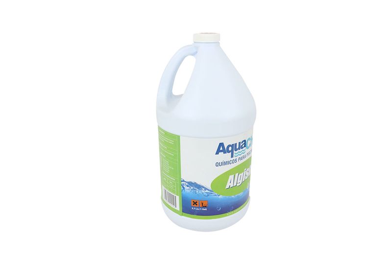 Alguicida para piscina Alguisol AquaChlor de 1 galón, vista lateral del envase blanco con etiqueta informativa