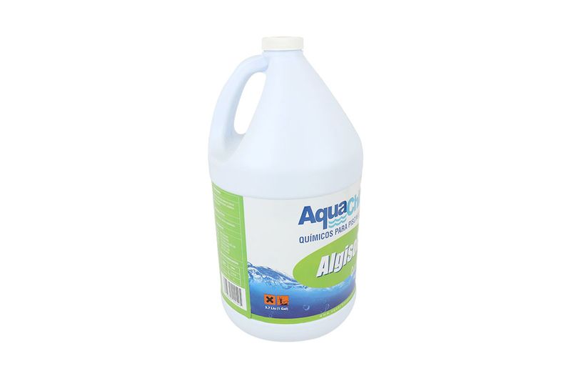 Alguicida para piscina Alguisol AquaChlor de 1 galón, vista lateral del envase blanco con etiqueta blanca y azul