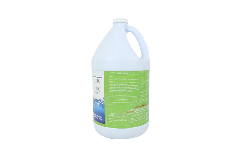 Alguicida para piscina Alguisol AquaChlor de 1 galón, vista posterior de la botella blanca con etiqueta de instrucciones