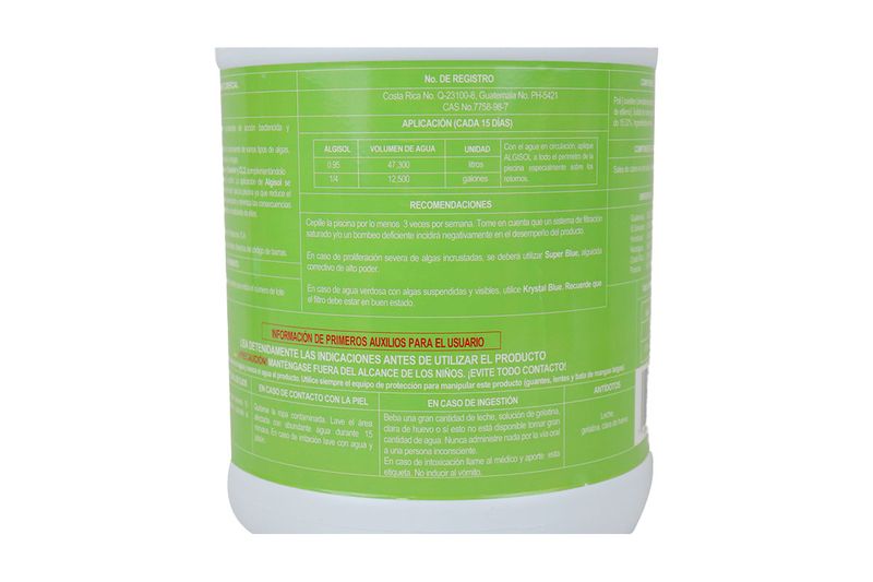 Alguicida para piscina Alguisol AquaChlor de 1 galón, etiqueta frontal con tabla de aplicación y recomendaciones