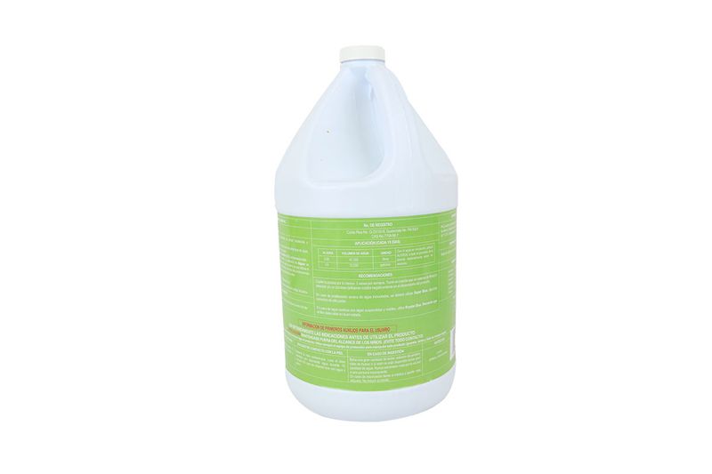 Alguicida para piscina Alguisol AquaChlor de 1 galón, vista posterior de la botella con tabla de aplicación y recomendaciones