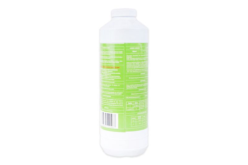 Alguicida para piscina Alguisol AquaChlor de 1 litro, vista posterior de la botella con tabla de instrucciones y código de