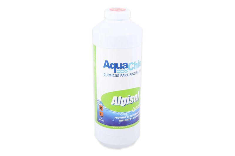 Alguicida para piscina Algisol AquaChlor de 1 litro, botella plástica blanca con etiqueta blanca y verde