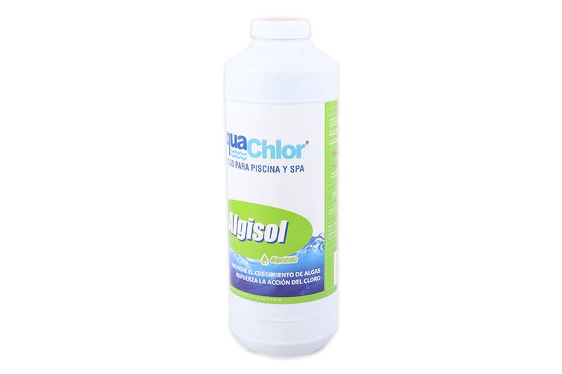 Alguicida para piscina Algisol AquaChlor de 1 litro, botella blanca con etiqueta blanca, verde y azul
