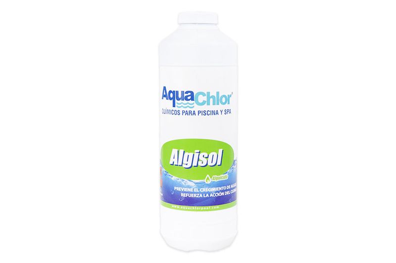 Alguicida para piscina Algisol AquaChlor de 1 litro, botella plástica blanca con etiqueta verde y azul