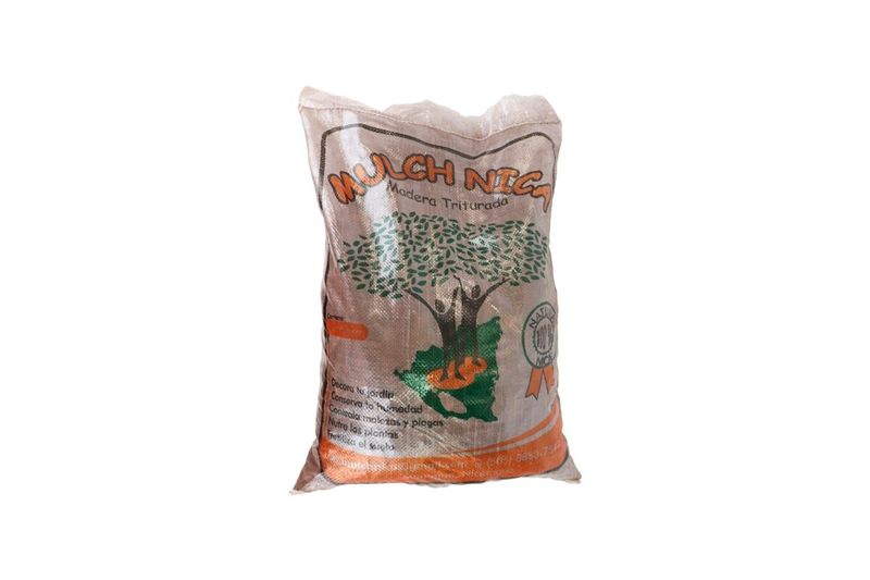 Abono orgánico mulch café de 1 pie cúbico Mulch Nica, bolsa cerrada con ilustración de árbol y texto informativo