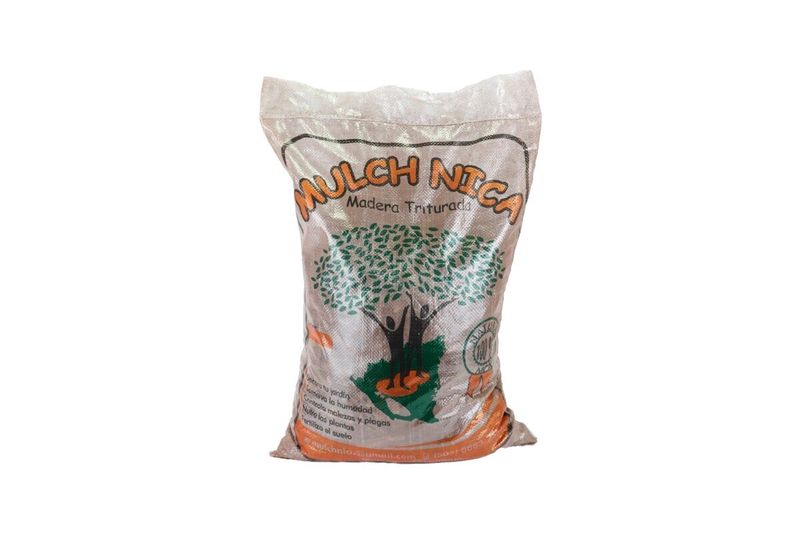 Abono orgánico mulch café Mulch Nica de 1 pie cúbico, bolsa plástica transparente con ilustración de árbol y texto