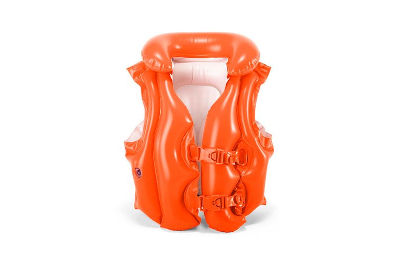 Chaleco salvavidas infantil 3-6 años Intex naranja, vista frontal del chaleco inflable con correas y hebillas blancas