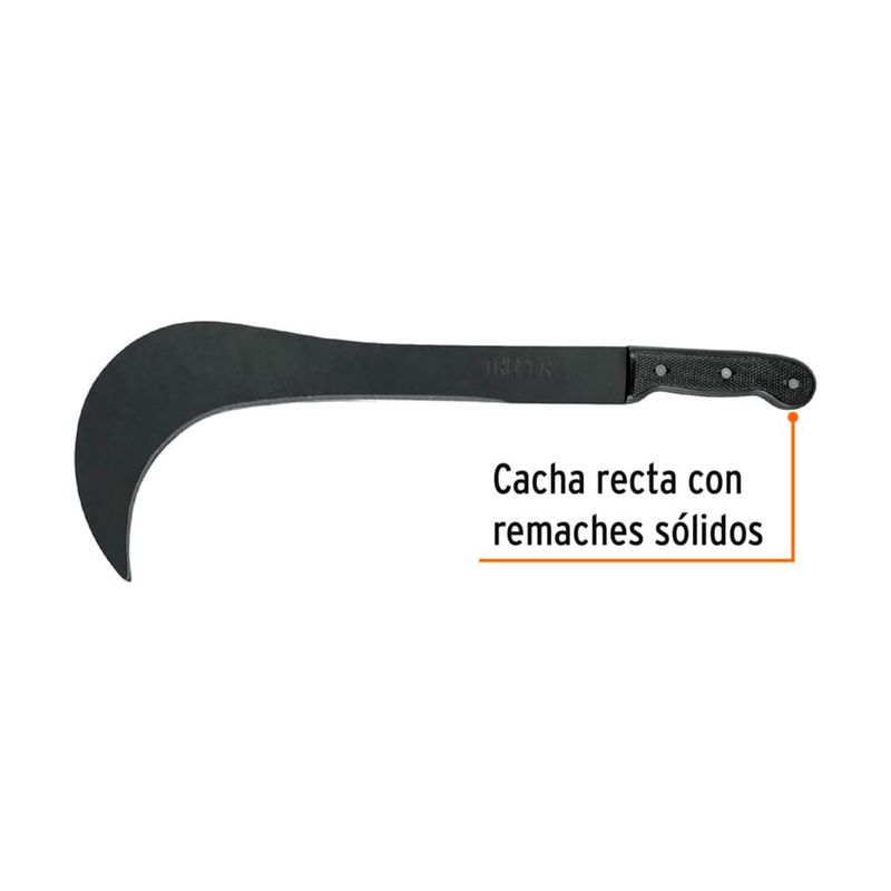 Machete ranchero curvo de 16 pulgadas Truper, detalle del mango con texto sobre la cacha recta y remaches sólidos
