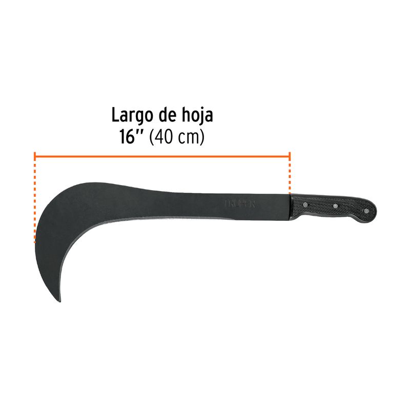Machete ranchero curvo de 16 pulgadas Truper, gráfico con línea de medida naranja que indica el largo de la hoja