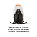 Fumigador a gasolina 25 lts 4 tiempos Truper, vista posterior del tanque blanco con correas y soporte de espalda negro